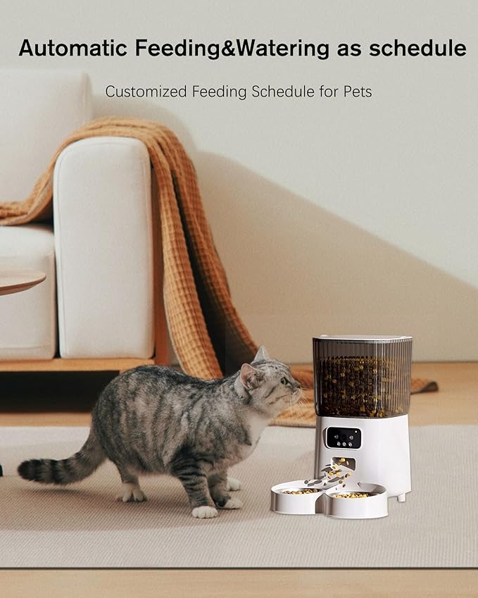 Automatic Cat Feeder 2 Cats with Camera, 5L Dual Pet Auto Timed Electric Smart APP Food Feeding Dispenser (White, 2 Bowls)