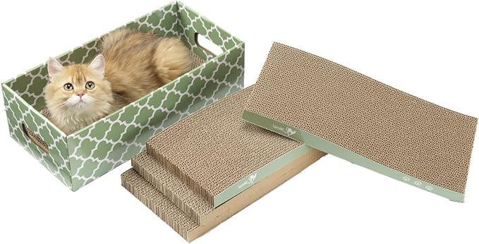 MECOOL Cat Scratching Board,5PC Cat Scratch Pad with Box,Reversible Corrugated Cat Scratcher Cardboard and Lounge Bed for Indoor Cats, Catnip