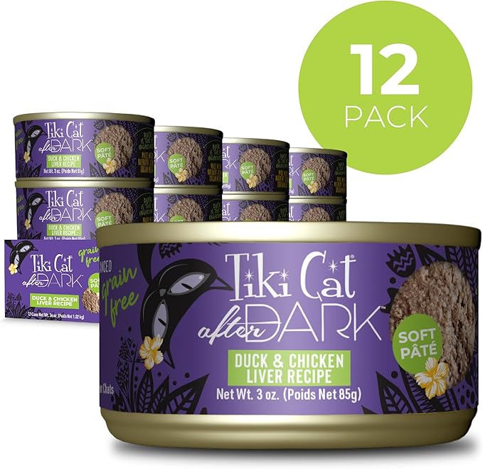 Tiki Cat After Dark Pate, Duck & Chicken Liver, High-Protein Ingredients, Wet Cat Food for Adult Cats, 3 oz. Can (12 Count)