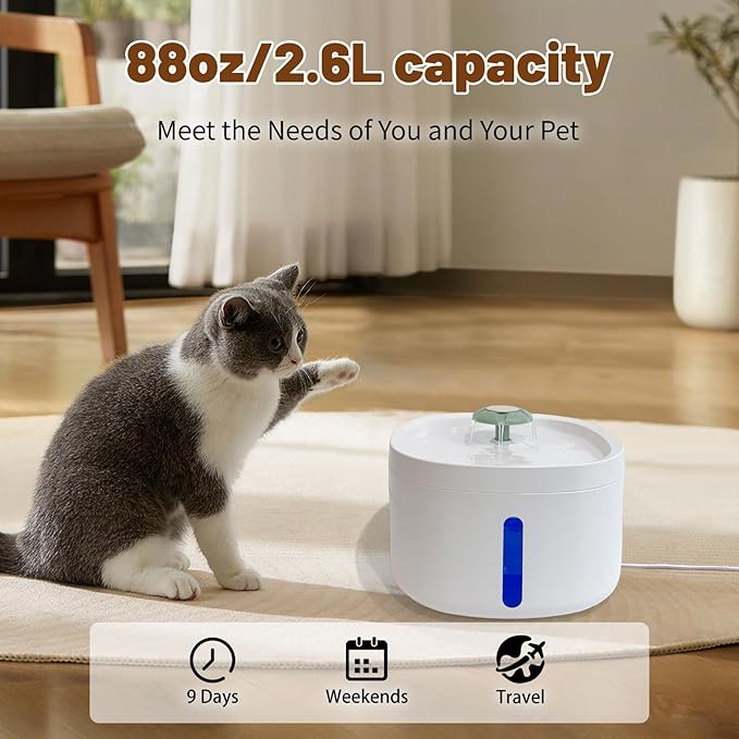 LIFFY Small Pet Water Fountain 2.6L Automatic Water Dispenser for Cats Dogs | Quiet Pump, BPA-Free Plastic, Energy-Saving | Continuous Fresh Flow with Easy-Clean Design & Multi-Layer Filtration