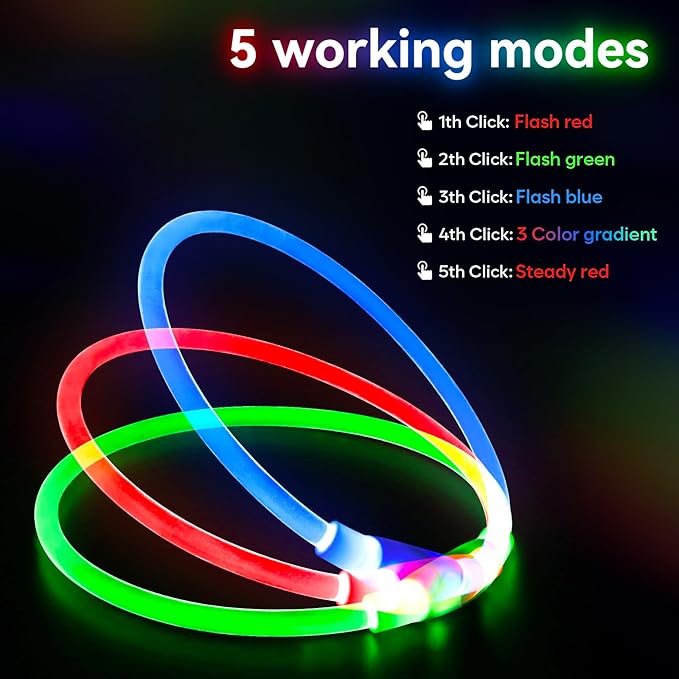 HIGO Light Up Dog Collar, RGB Rechargeable LED Dog Collar, TPU Dog Collar Light for Night Walking, Cuttable Size, Be Seen at Night for Small Medium Large Dogs, Dog Camping Essentials (RGB-TPU)
