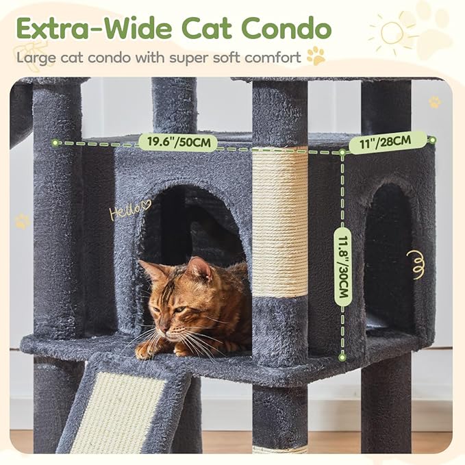 Taoqimiao 72 Inches Cat Tree for Large Cats, Multi-Level Tall Cat Tower, Widened Cat Condo with Large Scratch Board, 5 Scratching Posts, Metal Hammcock, Cozy Basket, Smoky Gray, MS045G