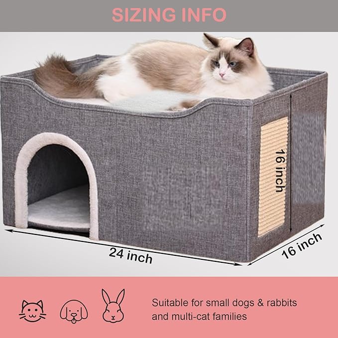 Heated Cat Bed Indoor w/ 12V Electric Heating Pad, Thermal Warming Heated Pet Bed House for Indoor Cats w/Scratching Post, Covered Cat Cave Beds & Furniture Foldable Cat Hideaway, 24x16x15