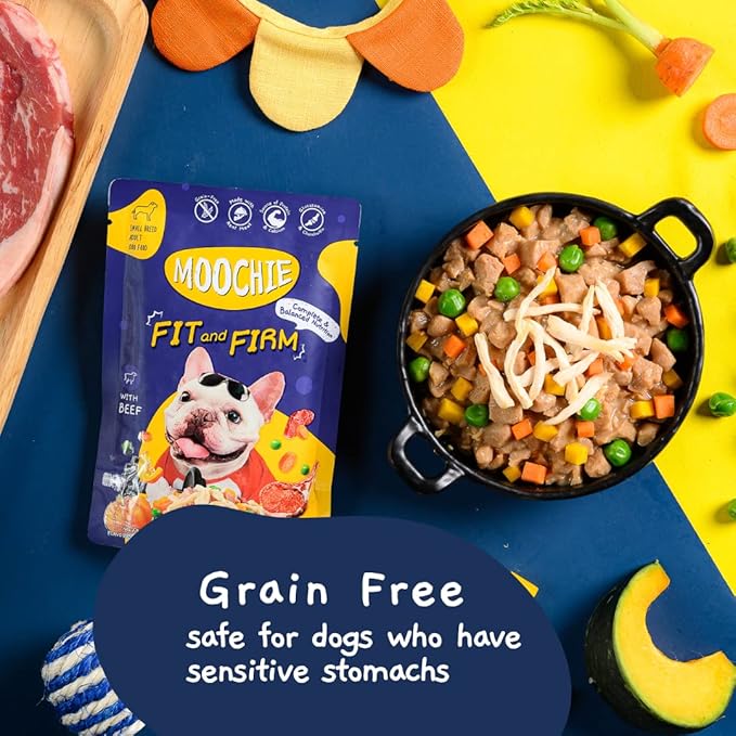 MOOCHIE Grain Free Small Dogs Wet Dog Food - Fit and Firm - Real Beef & Vegetables - No Artificial Flavors or Preservative - 12 x 3 oz Pouch