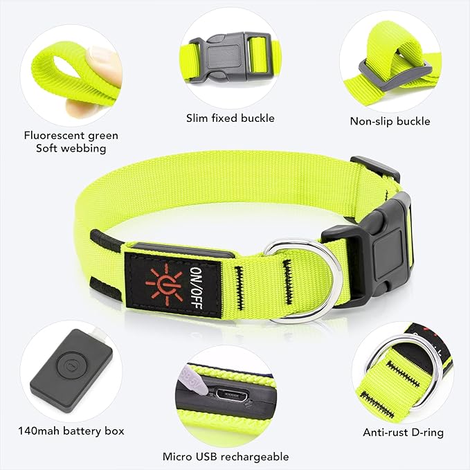 LED Dog Collar - Adjustable, Rechargeable, Waterproof, Glow in Dark for Medium Large Dogs