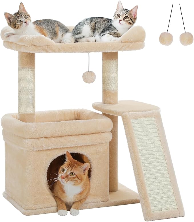 PEQULTI Small Cat Tree Tower for Large Adult Cats with Wide Top Perch, Private Cat Condo and Sisal Scratching Post&Pad for Indoor Cats, Beige