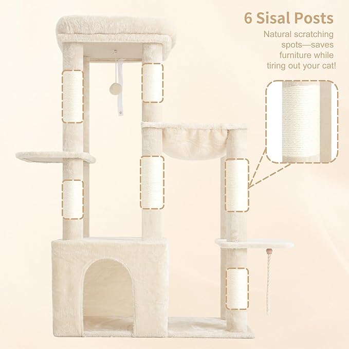 Heybly Heavy Duty Cat Tree, Tower for Indoor Cats Large Adult, Tall Cat Condo House with Extra-Large Baseboard, Multi-Level Plush Furniture with Scratching Posts, Hammock, Toy Ball, Beige HCT026M