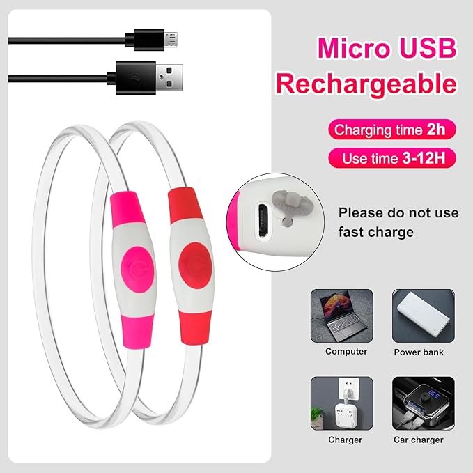 2 Packs Light Up Dog Collar, LED Dog Collar, USB Rechargeable Dog Lights for Night Walking, Adjustable Glow in The Dark Collars for Small Medium Large Dogs, Waterproof Safety Pets Lights Red&Pink