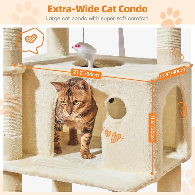 Taoqimiao Large Cat Tree,73-Inch Cat Tree Tower with 9 Scratching Posts for Indoor Cats, 2 Large Cat Condo with Hammock, Hanging Basket, 2 Extended Platform, Beige MS013XLM