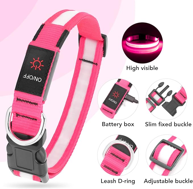 Vizpet LED Dog Collar, Light Up Dog Collar Adjustable USB Rechargeable Super Bright Safety Light Glowing Collars for Dogs (Large, Pink)