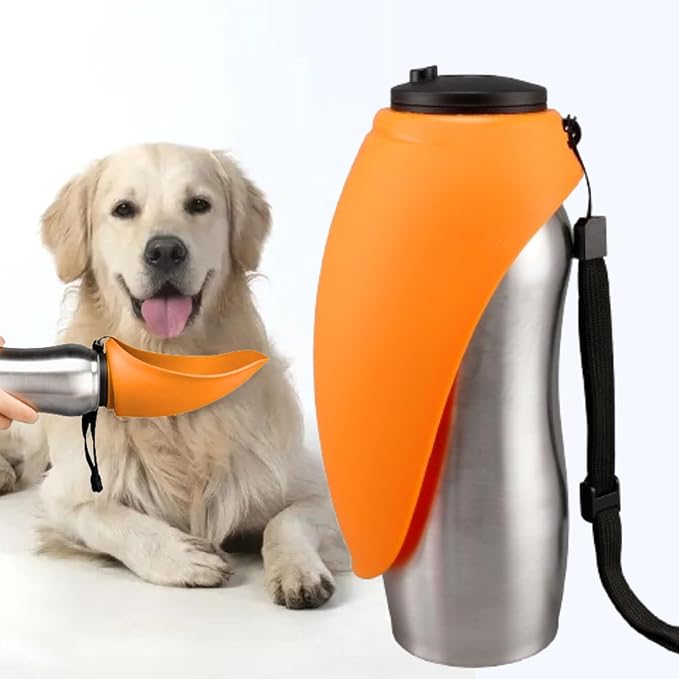 Portable Dog Water Bottle, 24 oz, Stainless Steel, Convenient Pet Water Dispenser, Collapsible Travel Bowl, Walking, Hiking, and Outdoor Activity, Compatible with Various Pets, Houd2Go (Orange, 24oz)