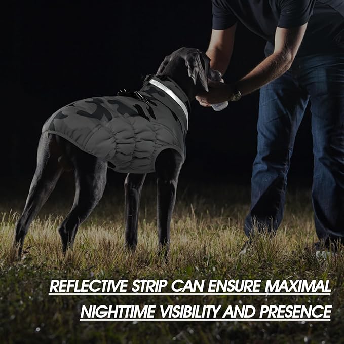 FUAMEY Dog Coat for Large Dogs,Waterproof Dog Winter Jacket with Harness Built in Puppy Cold Weather Coats Reflective Pet Vest with Zipper Warm Fleece Dogs Snowsuit Windproof Grey Camo XXL