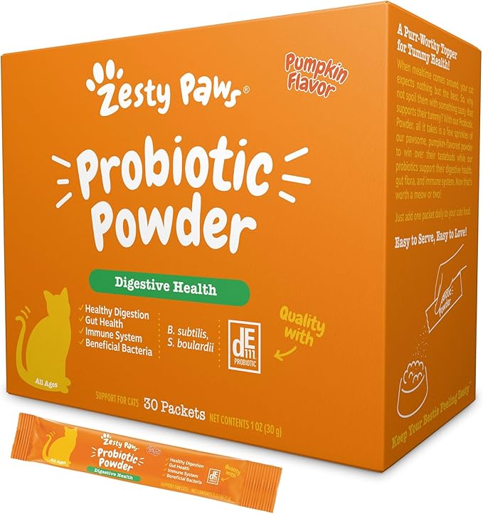 Zesty Paws Powder Probiotics for Cats - Meal Topper for Digestive, Immune System Support for Feline Biome - Premium DE111 Cat Probiotics for Digestive Health - Fiber & Yeast Extract - Pumpkin - 30 Ct