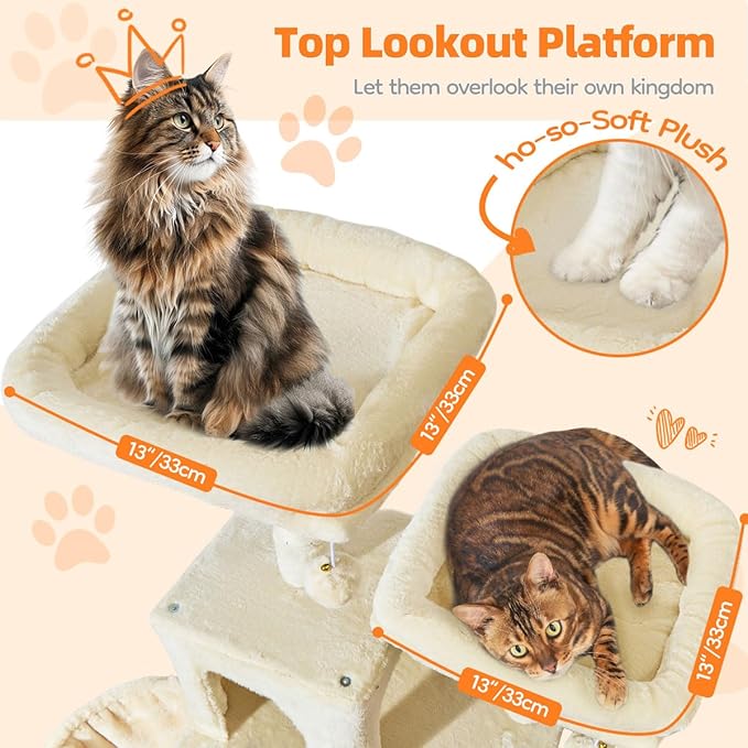 Taoqimiao Large Cat Tree,73-Inch Cat Tree Tower with 9 Scratching Posts for Indoor Cats, 2 Large Cat Condo with Hammock, Hanging Basket, 2 Extended Platform, Beige MS013XLM