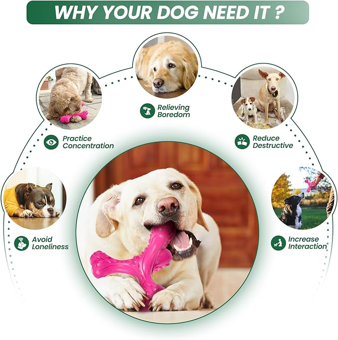 Dog Chew Toys for Aggressive Chewers Large Breed,Indestructible Bones Toy,Durable Cleaning Toothbrush Natural Rubber Dog Toys… (Pink)