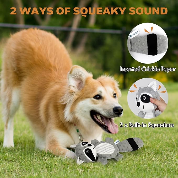 petizer Plush Squeaky Dog Toys, Stuffed and Crinkle Dog Chew Toys, Interactive Toys for Puppies, Small, Medium and Large Dogs, Cute Squirrel and Raccoon, 2 Pack