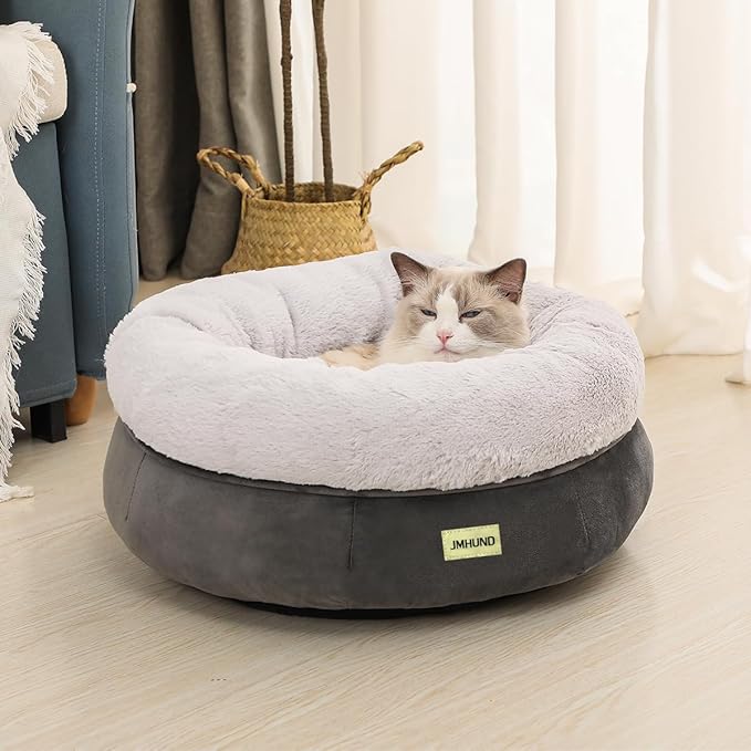 Cat Bed for Indoor Cats,Round Cat Bed for Small Pets,Washable Pet Bed with Non-Skid Bottom,Pet Bed for Puppy and Kitty,19 Inches,Deep Grey