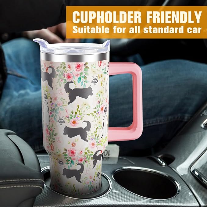 Husky Gifts for Women Dog Lovers 40 oz Floral Husky Tumblers with Handle and Straw, Stainless Steel Vacuum Insulated Travel Coffee Mug Cup Water Bottle