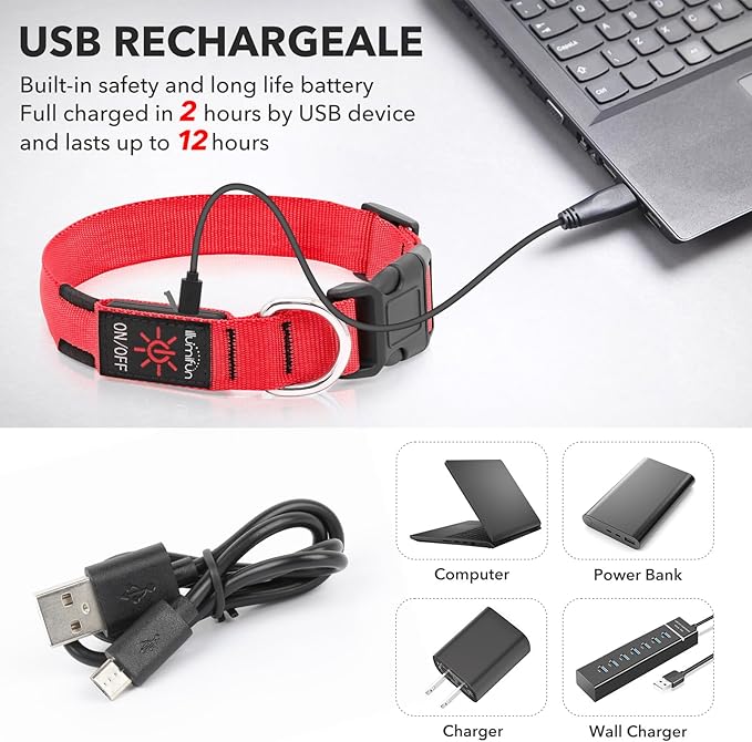 Illumifun Light Up Collar for Dogs, Rechargeable LED Dog Collar, Adjustable Safety Pet Collar Lights for Night Walking (Red, Large)