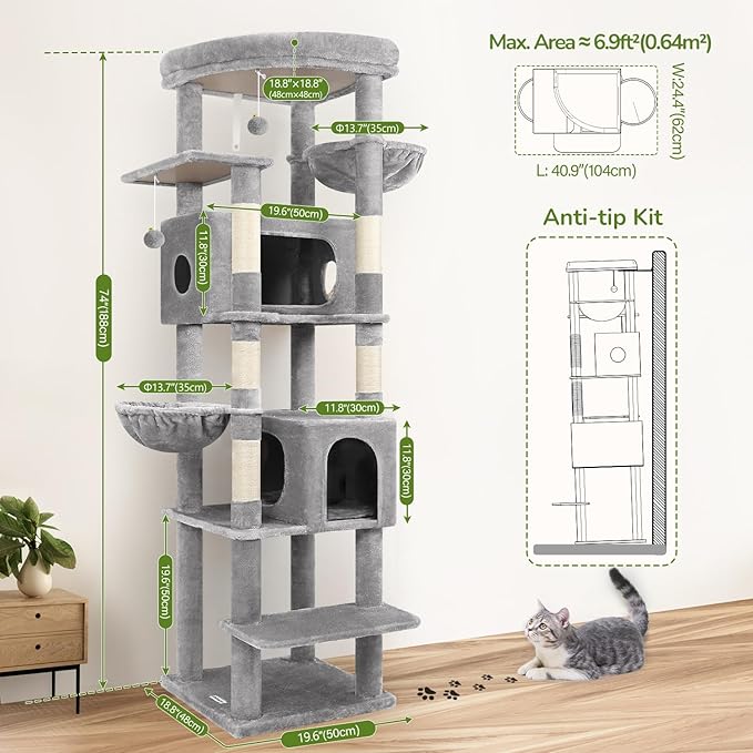 Globlazer Heavy Duty Cat Tree, 74in Sturdy Cat Tower for Large Cats Adult, Big Cat Tree with 5 Sisal Scratching Posts, 2 Padded Condos, 2 Dual-Ear Hanging Baskets, Enlarged Top Perch, S74, Light Grey