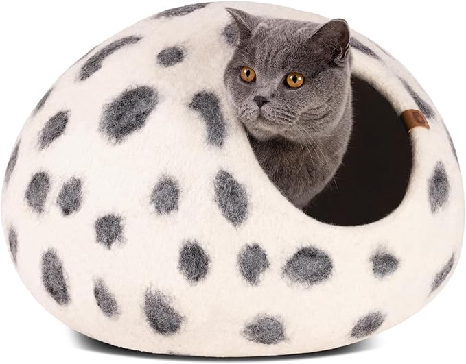 MEOWFIA Cat Cave – Premium Felt Cat Bed for Indoor Cats, Handmade 100% Merino Wool (Vivid Shades) (Large, Snow Leopard)