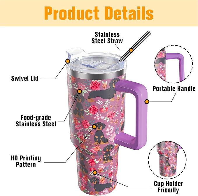 Dachshund Gifts for Women Dog Lovers 40 oz Floral Weiner Dog Tumblers with Handle and Straw, Stainless Steel Vacuum Insulated Travel Coffee Mug Cup Water Bottle