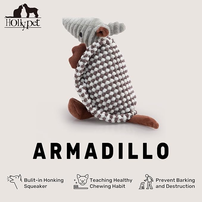 Hollypet Plush Dog Squeaky Toy Stuffed Armadillo Animal Pet Puppy Chew Toys with Clean Teeth for Small Medium Large All Breed Sizes Dogs, White and Light Grey,8 in