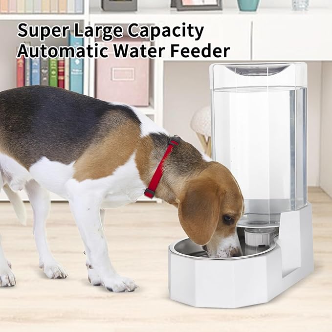 Sfozstra Large Dog Water Dispenser: 8L Automatic White Water Feeder with Stainless Steel Bowl - Without Filter - Gravity Design for Multiple Pets Indoor/Outdoor