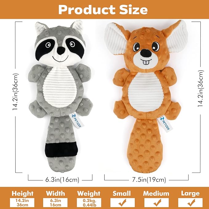 petizer Plush Squeaky Dog Toys, Stuffed and Crinkle Dog Chew Toys, Interactive Toys for Puppies, Small, Medium and Large Dogs, Cute Squirrel and Raccoon, 2 Pack