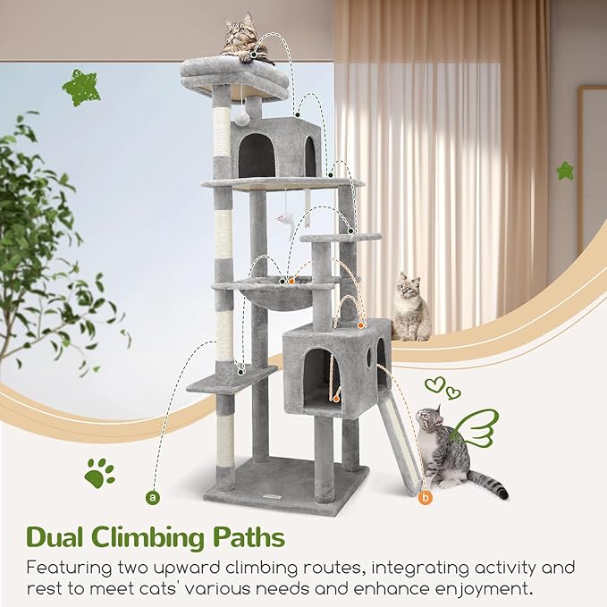 Globlazer Heavy Duty Cat Tree, 70 inch Sturdy Cat Tree for Indoor Cats Extra Large Cat Tower with Scratching Post, Hammock, Cat Condo for Adult Cats Kittens, F70 Pro, Light Grey