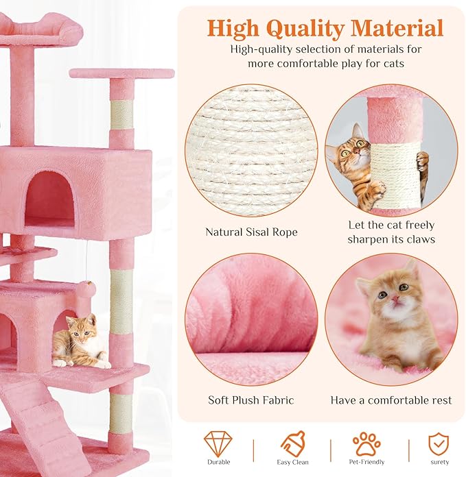 Sweetcrispy 54 Inch Cat Tree Tower, Multi-Level with Cat Scratching Post, Indoor Cat Condo with Climbing Ladder, Plush Toy, Play House for Cat, Pink