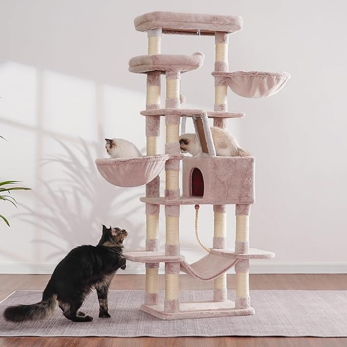 Heybly Cat Tree, 68 inch Multi-Level Cat Tower for Indoor Cats, 2 Widened Plush Perches Cat Condo with Scratching Board and Big Caves, Muchroom HCT025MU