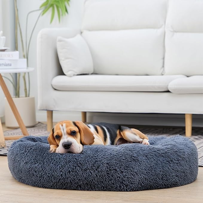 Donut Dog Bed, Dog Beds, Cat Bed, Washable Round Bed for Medium Dogs, Indoor (Navy Grey,32", M)