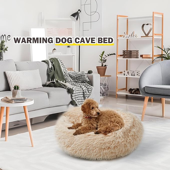 Cat Bed Calming Cat Beds,Indoor Washable Cat Bed,Anti-Slip Faux Fur Fluffy Cuddler Anxiety Cat Bed,Warming Cuddler Cushion Bed for Small Medium Dogs and Cats (Apricot Color, 20 * 20inch)