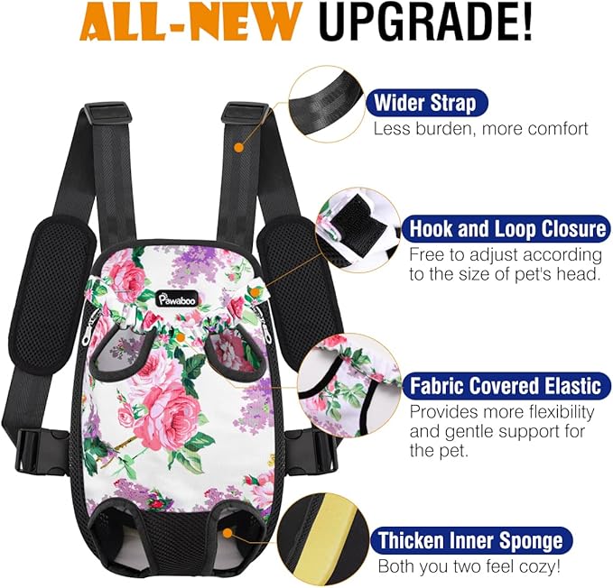 Pawaboo Pet Carrier Backpack, Adjustable Pet Front Cat Dog Carrier Backpack Travel Bag, Legs Out, Easy-Fit for Traveling Hiking Camping for Small Medium Dogs Cats Puppies, Medium, Flowers