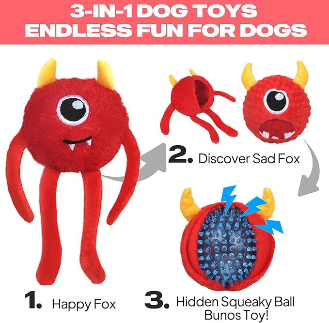 Fida Dog Chew Toys for Aggressive Chewers(3in1),Squeaky Dog Toys for Large Dogs,Interactive Dog Toys to Keep Them Busy, Dog Ball for Small, Medium and Large Dogs(Red)