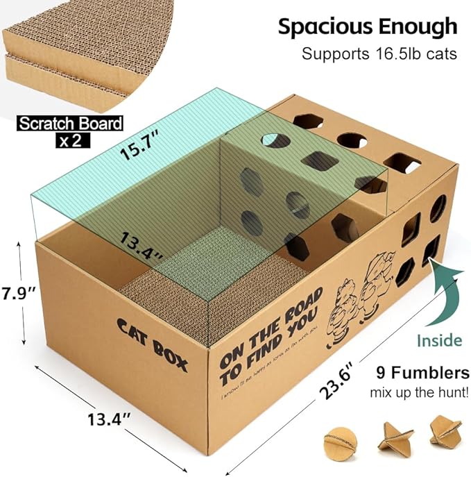 3-in-1 Multi-Functional Cardboard Cat Scratcher Box with Double-Sided Scratch Pad and Interactive Toy Assortment - Includes Refillable Pads and Treat Puzzle Box - Ideal for Indoor Cats