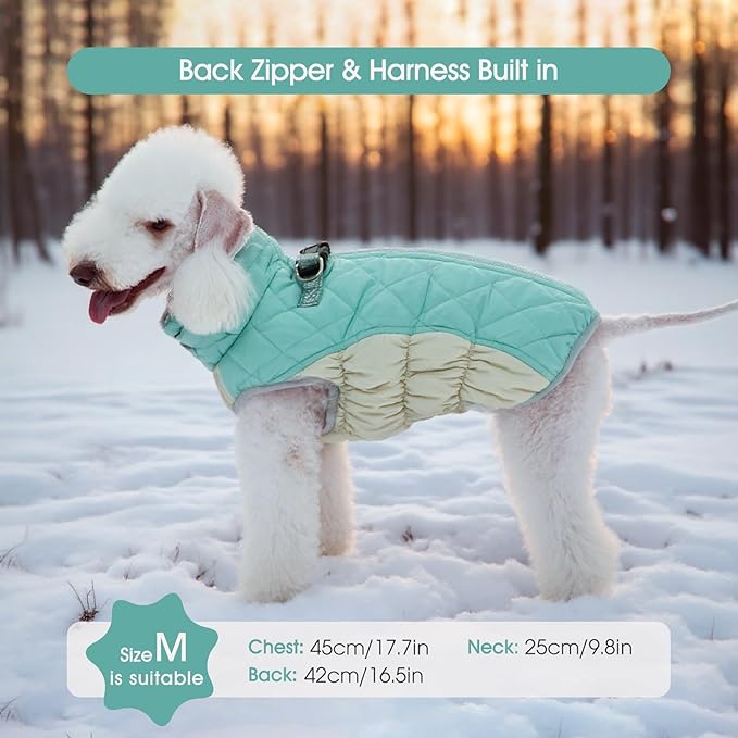 FUAMEY Dog Coat for Large Dogs,Waterproof Dog Winter Jacket with Harness Built in Puppy Cold Weather Coats Reflective Pet Vest with Zipper Warm Fleece Dogs Snowsuit Windproof Mint Green L
