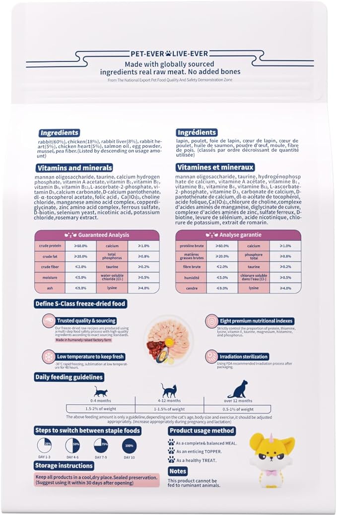 Freeze-Dried Raw Cat Food, 97% Animal Origin Dry Food for Cat, High Protein Treat & Topper (Rabbit Recipe - 14 Ounce)