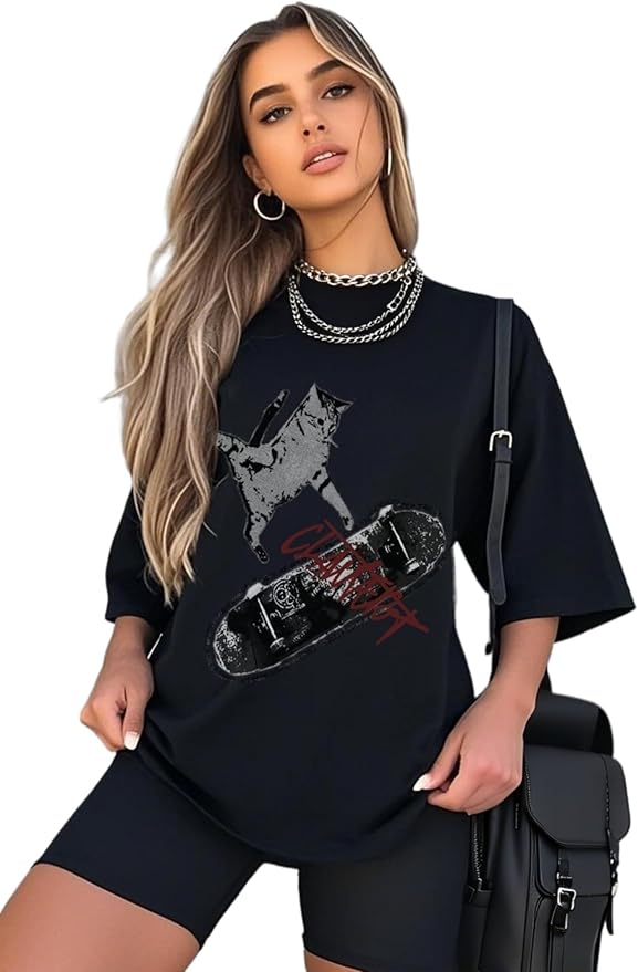 Y2k Graphic Unisex Tees Rock Guitar Cat T-Shirt Short Sleeve Oversized Tee Vintage Retro Grunge Streetwear Shirts