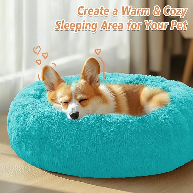 JOLLYVOGUE Calming Dog & Cat Bed for Small Dogs, Anti-Anxiety Donut Cuddler Cozy Soft Round Bed with Anti-Slip Bottom, Fluffy Faux Fur Plush Cushion Beds for Small Medium Pets (20")