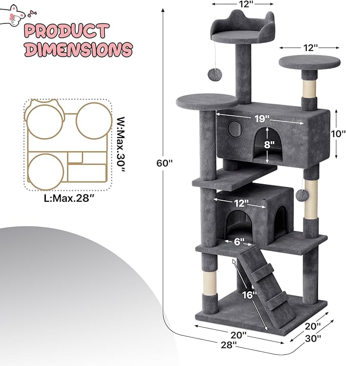 MoNiBloom 60 Inch Cat Tree Tower for Indoor Cats Large Adults, Cat Tower with Scratching Post, Multi-Level Furniture Activity Center with Cat Condo Pet Play House, Smoky Grey