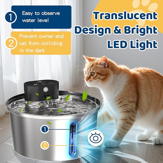 Water Fountains Cats Stainless Steel Dispenser Wireless Pet Fountain Drinking Inside- Automatic 108oz/3.2L 5000mAh Cats Fountain Indoor with Motion Sensor & Filters for Dogs, Multiple Pets