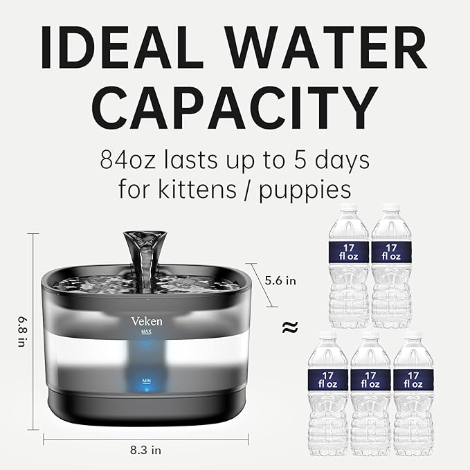 Veken Cat Water Fountain with Detachable Tank, Easy to Clean & Assemble, 84oz/2.5L Automatic Pet Drinking Dispenser with Quiet Operation & LED Light for Cats, Dogs and Small Pets, Black