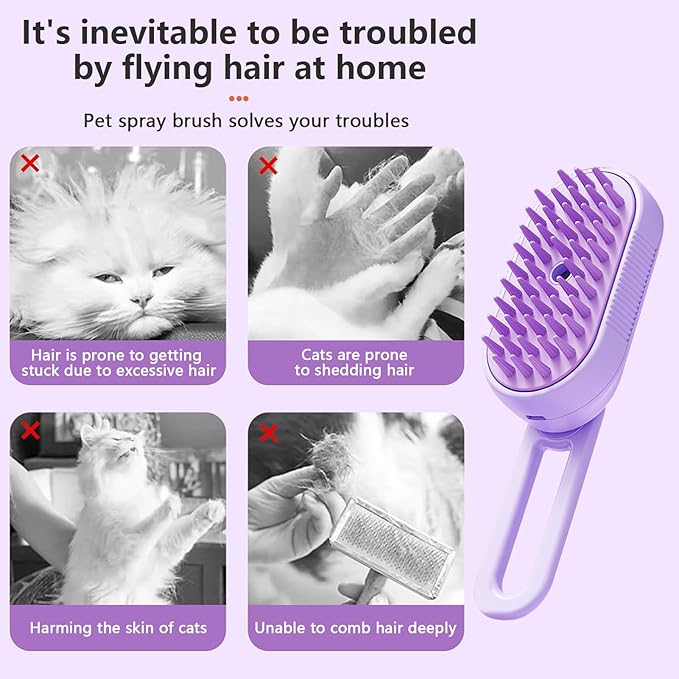 2 Pcs Upgraded Steam Pet Grooming Brush - 3 in 1 Water Brush for Cats & Dogs, Anti-Static Purple & White