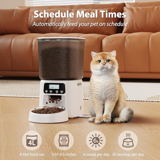 Automatic Cat Feeder,4L Timed Cat Dry Food Dispenser,Pet Feeder up to 6 Meals and 30 Portions per Day,10S Voice Record,Flexible Schedule Timer,Dual Power,Stainless Steel Bowl, for Cats and Small Dogs