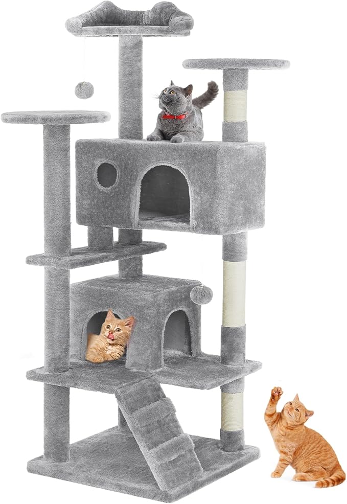 Sweetcrispy 54 Inch Cat Tree Tower, Multi-Level with Cat Scratching Post, Indoor Cat Condo with Climbing Ladder, Plush Toy, Play House for Cat, Light Grey