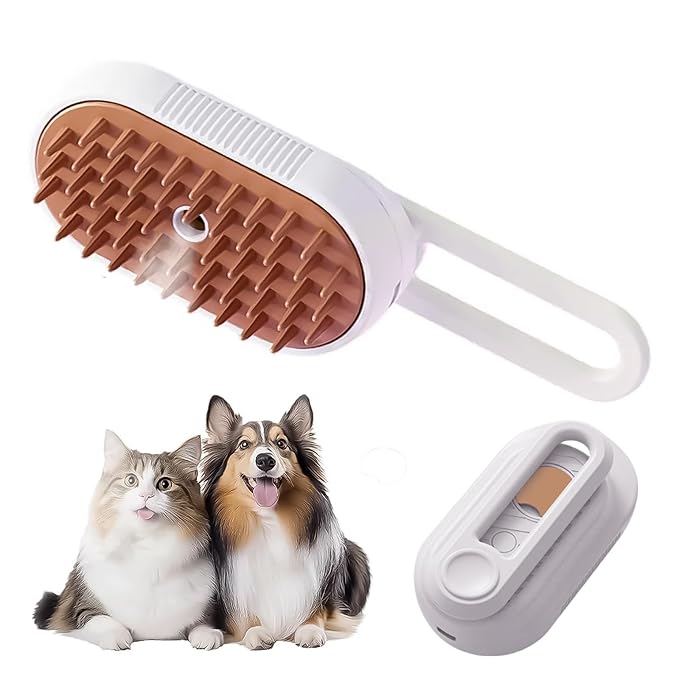 ZTJ Steam Brush for Dogs and Cats – 3-in-1 Pet Grooming Tool for Cleaning, Detangling, Massaging – Nano Steam, Hair Catcher, 360° Handle (White)