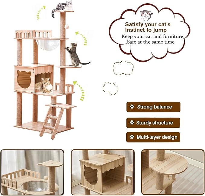 54-Inch Cat Tower,Multi-Level Pure Wood-Modern Cat Tree Tower with Condo, Cat Stairs, Bowl,9 Sisal Scratching Posts, Top Perch, Toy Balls,Cat Tree for Indoor Cats Large Adult (KT-1022)
