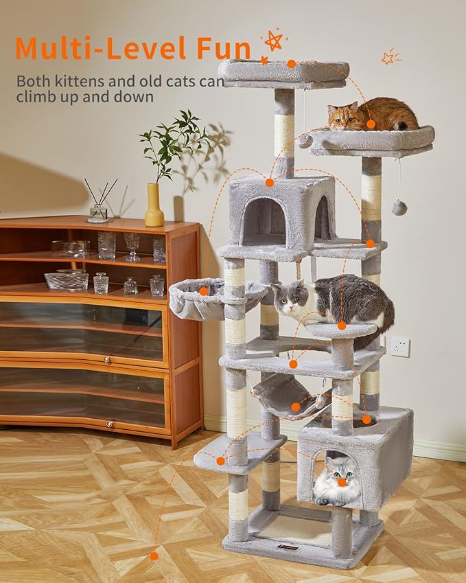 Taoqimiao Cat Tree, 71-Inch Cat Tree Cat Tower for Indoor Cats, Plush Multi-Level Cat Condo with 10 Scratching Posts, 2 Perches,Basket, 2 Caves,Hammock, 2 Pompoms,MS020W Light Gray